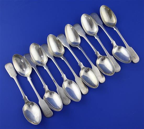A set of twelve George IV Scottish silver fiddle pattern teaspoons by Mitchell & Russell, 9 oz.